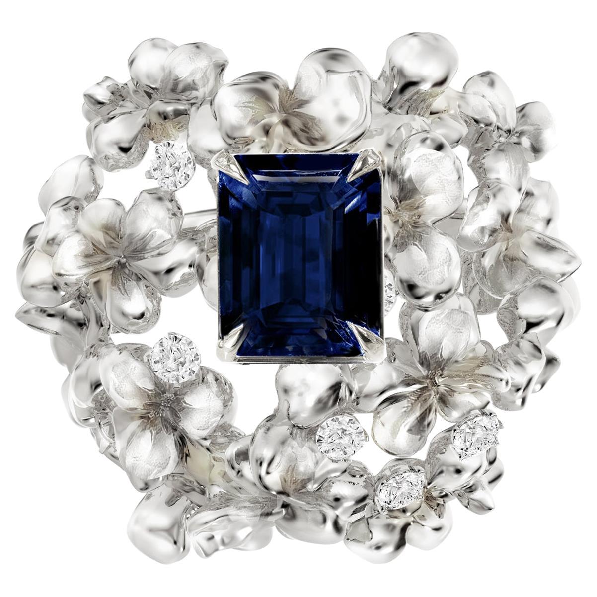 Diamonds and Sapphire Eighteen Karat White Gold Contemporary Brooch For Sale