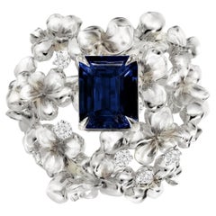18 Karat White Gold Contemporary Brooch with 7 Diamonds and Sapphire