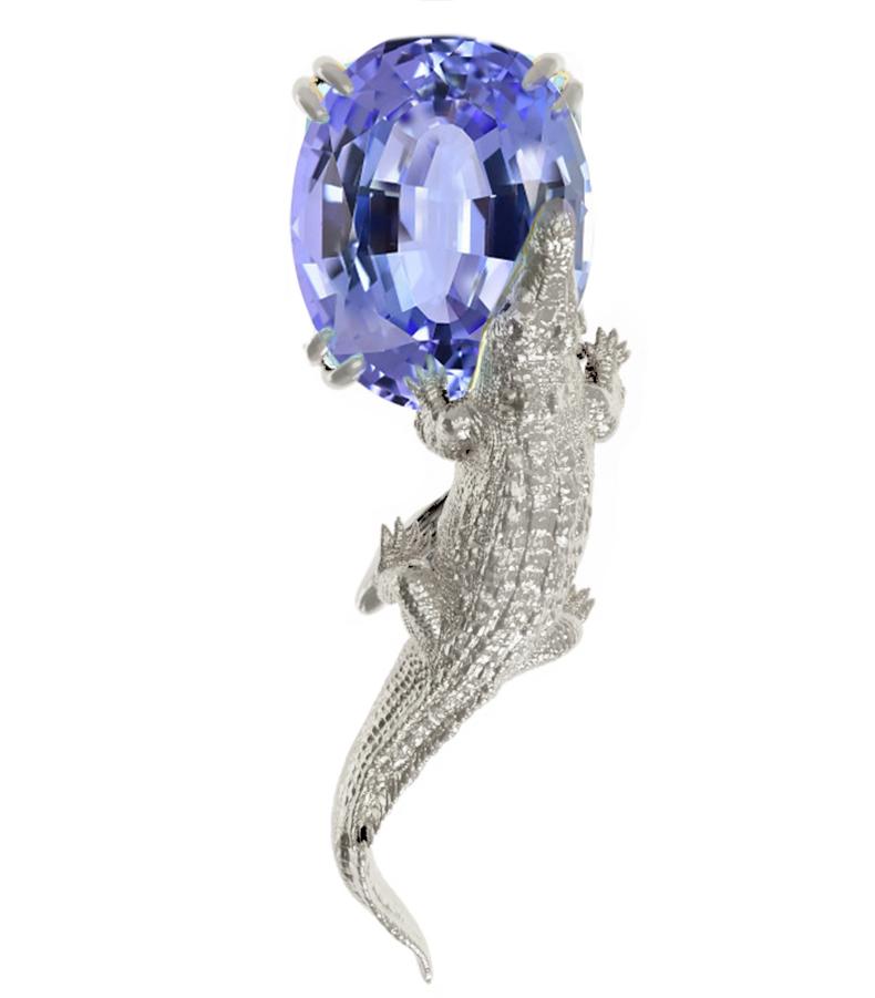 Contemporary Eighteen Karat White Gold Nature Morte Style Brooch with MGL Certified Tanzanite For Sale