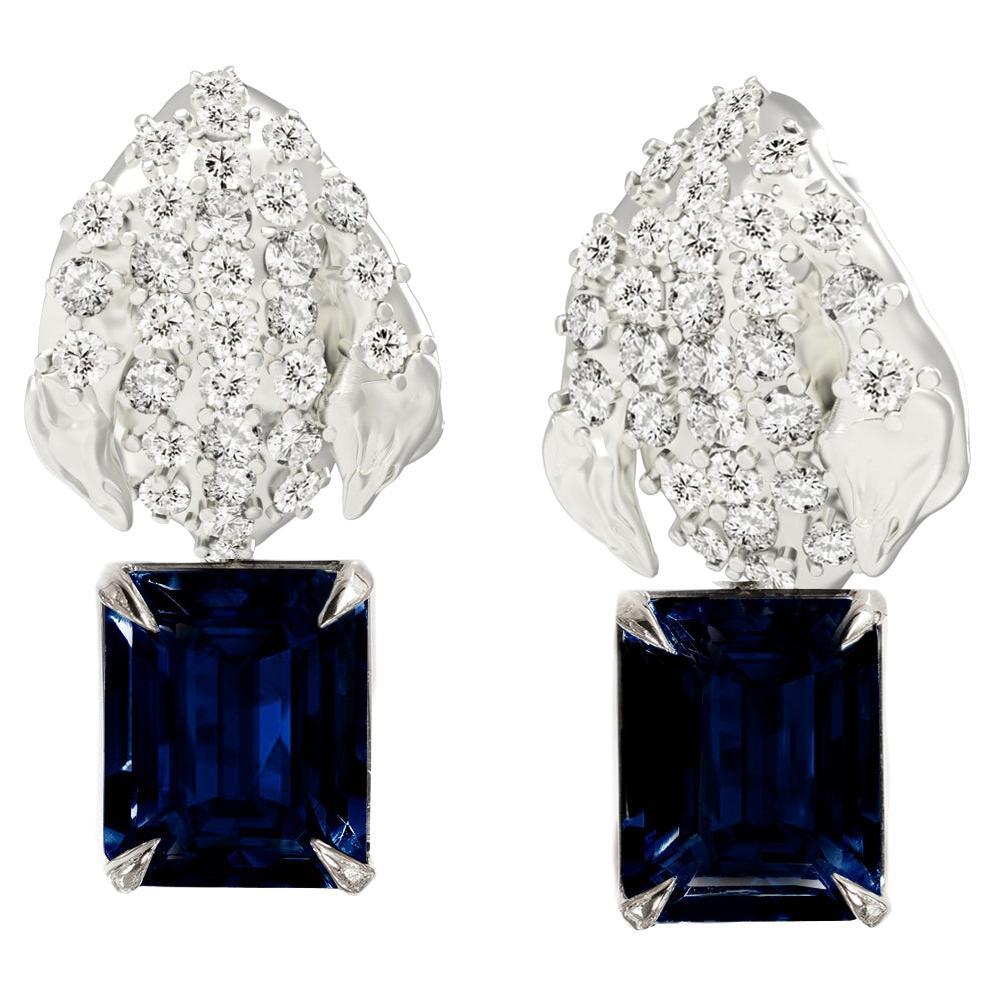 White Gold Contemporary Clip-On Earrings with Sapphires and Diamonds