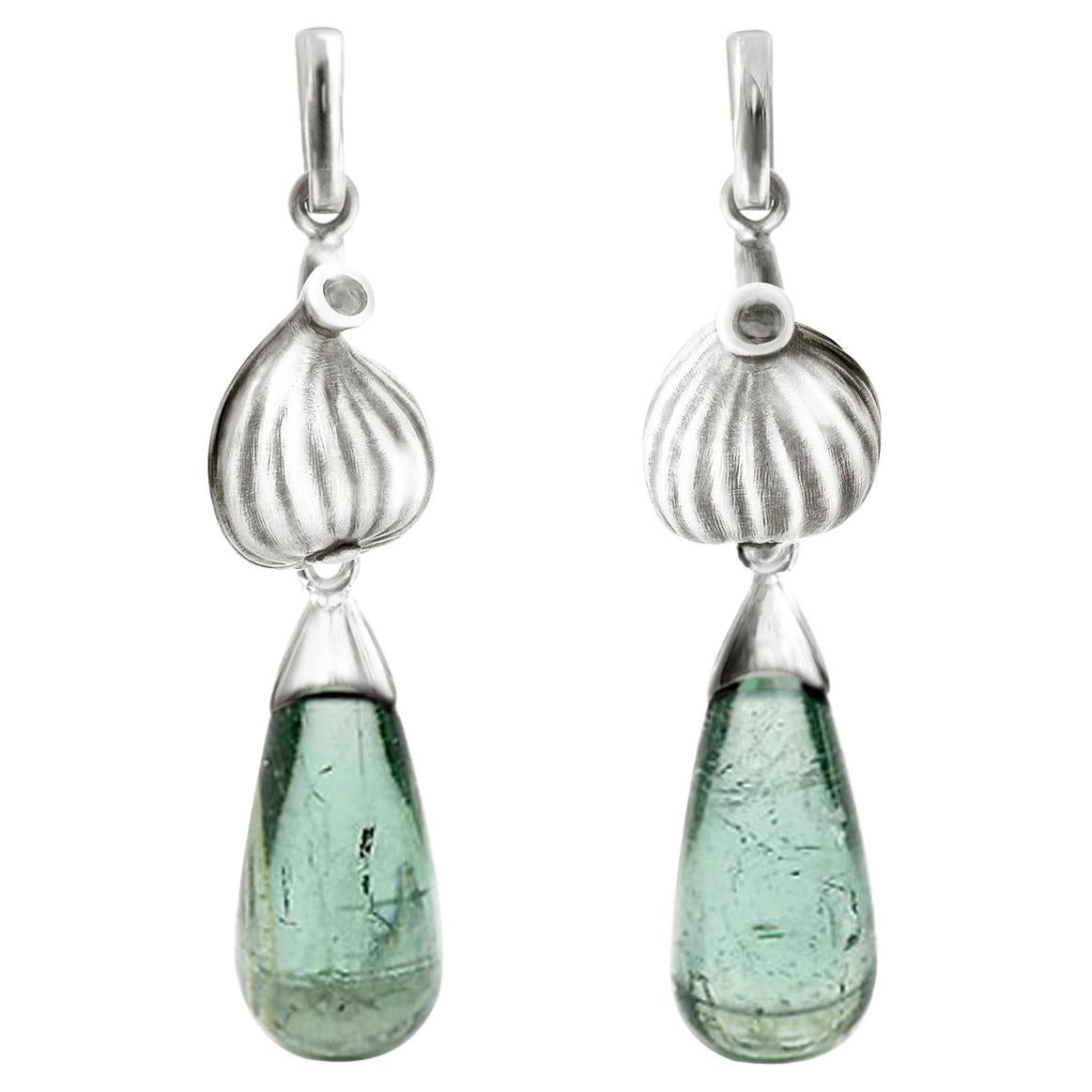 White Gold Fig Garden Earrings with Mint Tourmalines and Diamonds For Sale