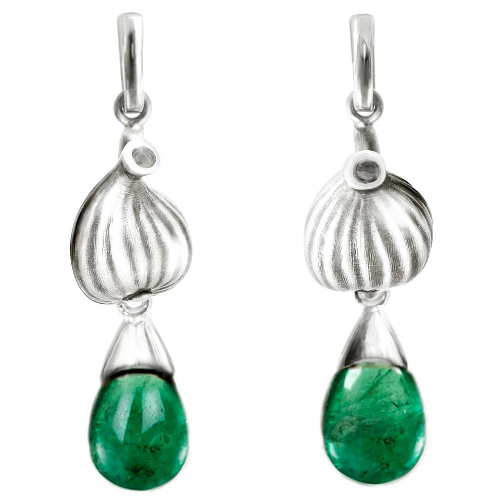 White Gold Contemporary Fig Garden Earrings with Natural Emeralds For Sale