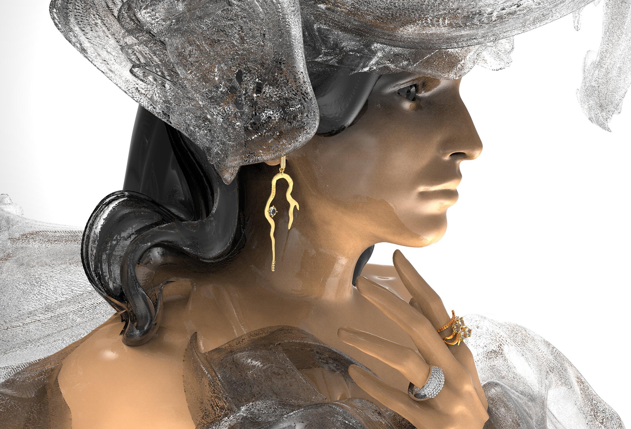 Zeitgenössische Ohrringe aus Weißgold mit Saphiren und sechsundfünfzig Diamanten im Angebot 6
