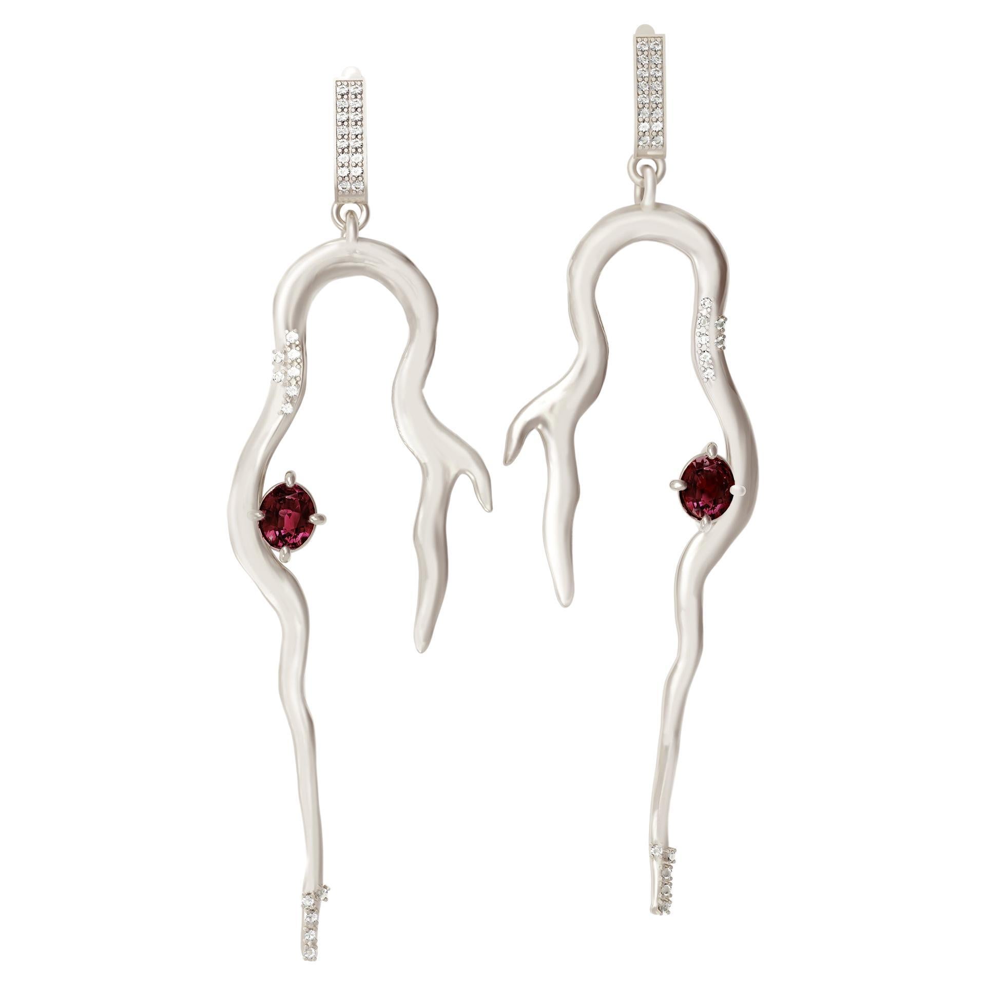 White Gold Contemporary Earrings with Sapphire and Fifty Six Diamonds