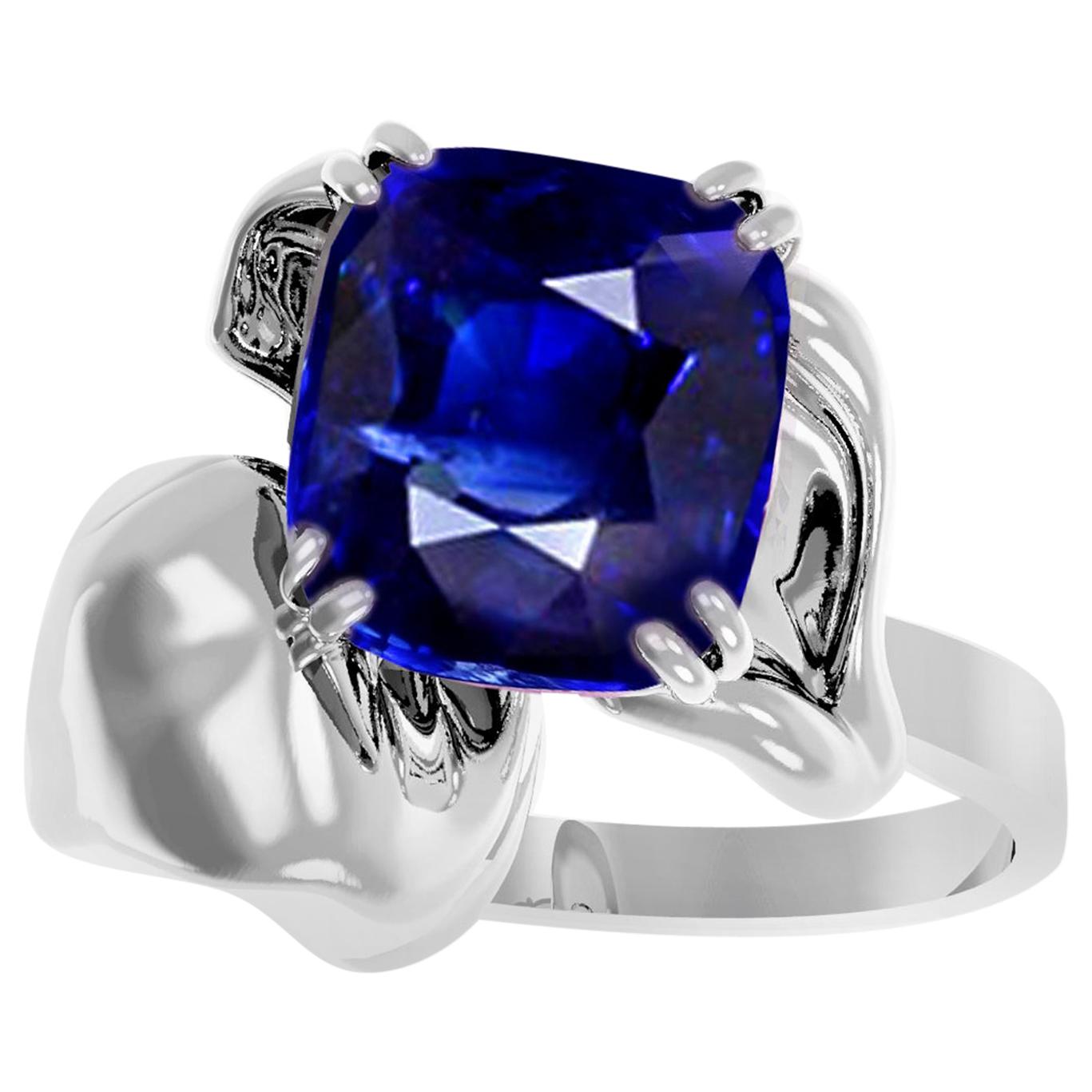 Eighteen Karat White Gold Contemporary Engagement Ring with Cushion Sapphire For Sale