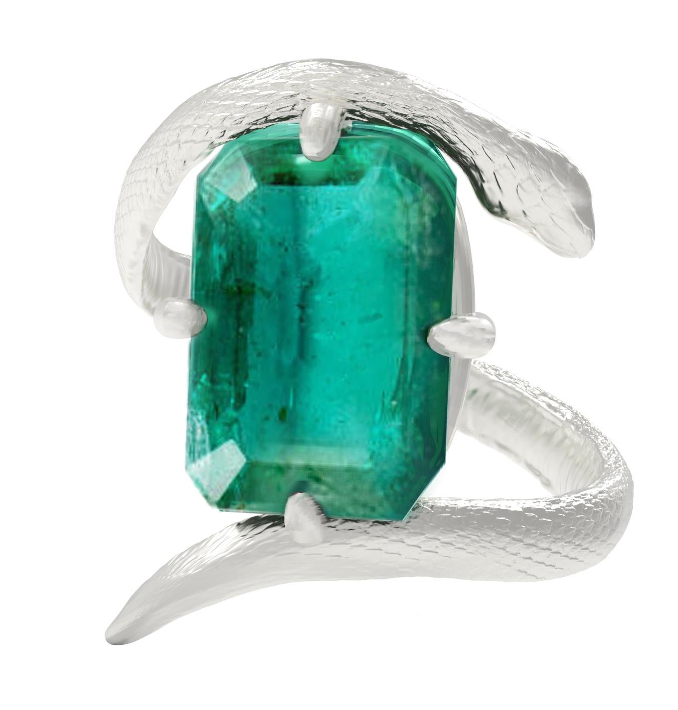 Contemporary Eighteen Karat White Gold Serpent Ring with Natural Emerald For Sale