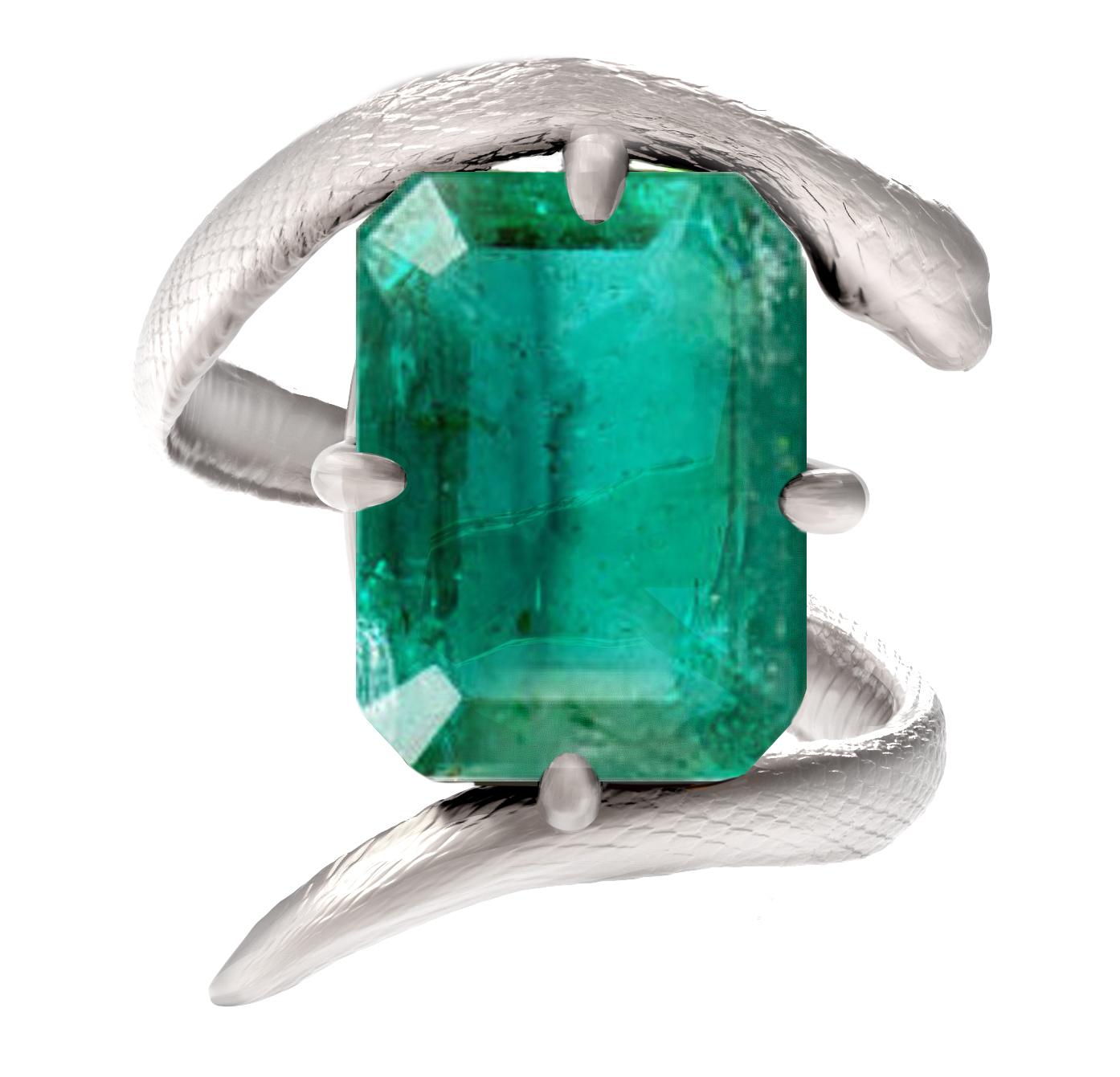 Octagon Cut Eighteen Karat White Gold Serpent Ring with Natural Emerald For Sale