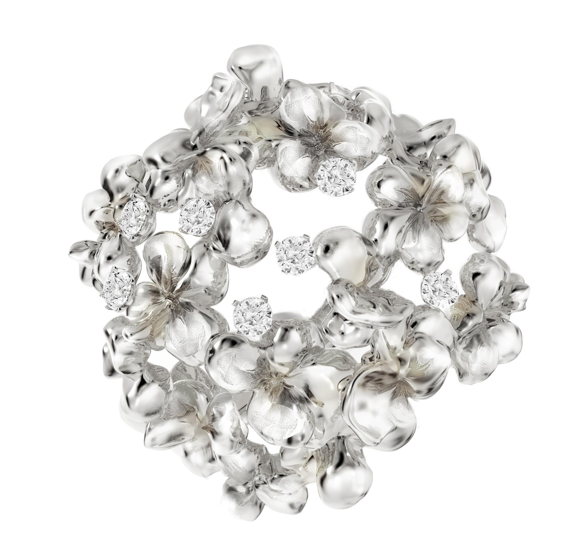 Eighteen Karat White Gold Contemporary Hortensia Floral Brooch with Diamonds For Sale 2