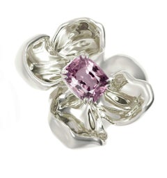 18 Karat White Gold Contemporary Magnolia Brooch with Ink Lavender Spinel