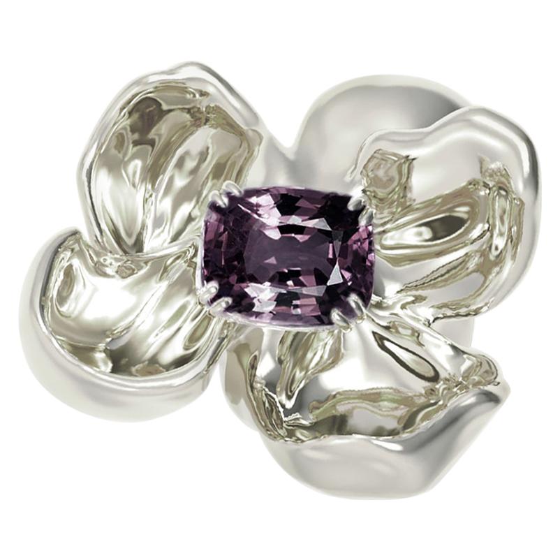 Eighteen Karat White Gold Contemporary Magnolia Brooch with Ink Purple Spinel For Sale