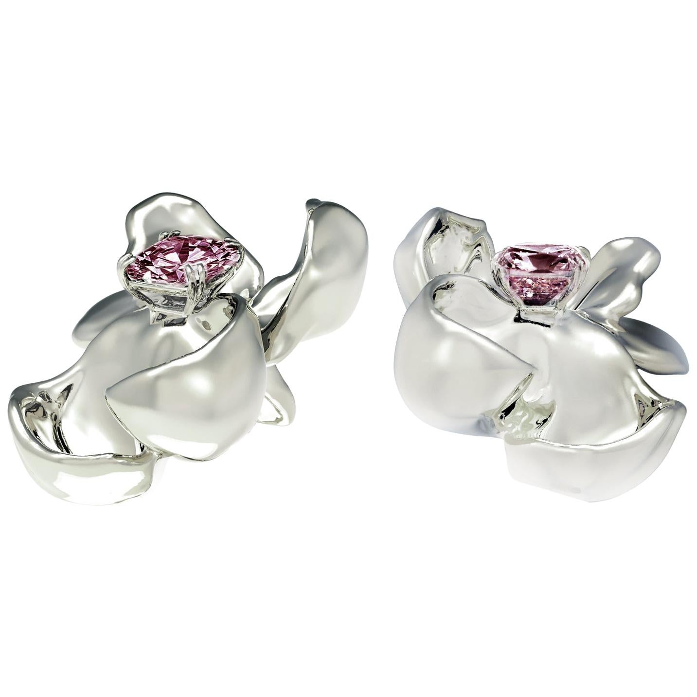 White Gold Contemporary Magnolia Clip-On Earrings with Storm Spinels