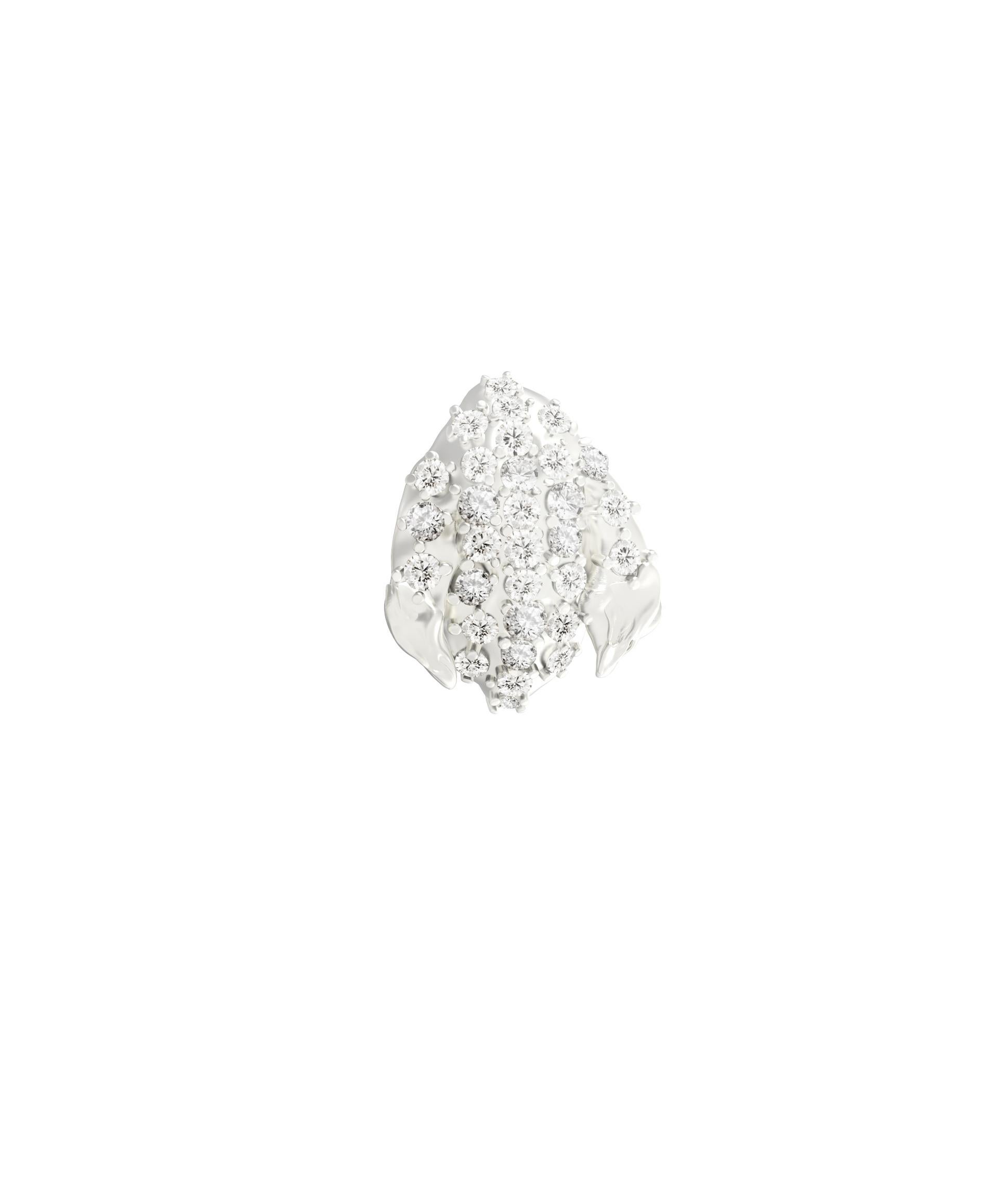 Round Cut 18 Karat White Gold Contemporary Peony Petal Brooch with 31 Diamonds