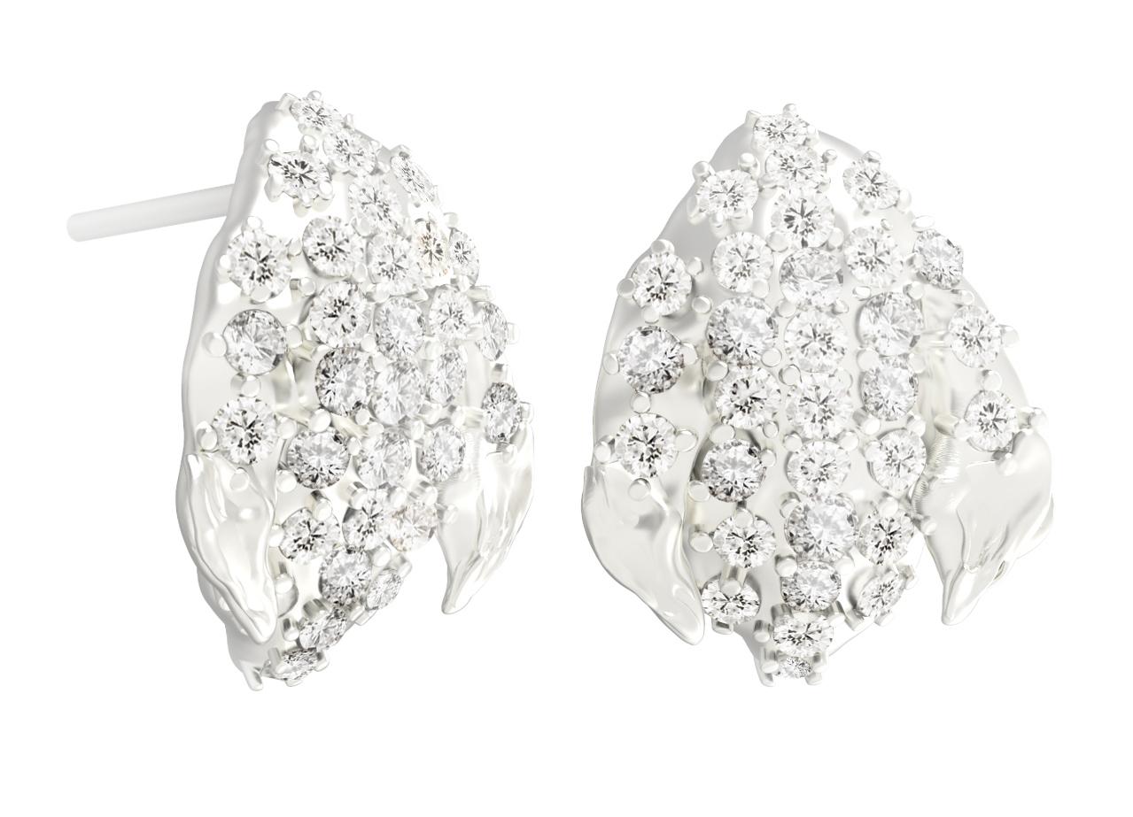 White Gold Contemporary Peony Petal Earrings with Sixty Two Diamonds For Sale 2