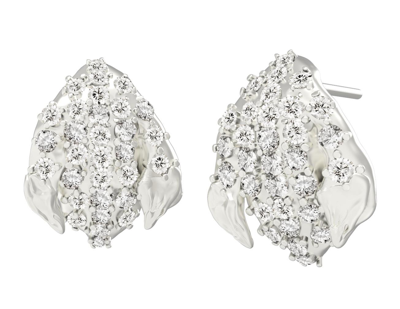 White Gold Contemporary Peony Petal Earrings with Sixty Two Diamonds For Sale 4