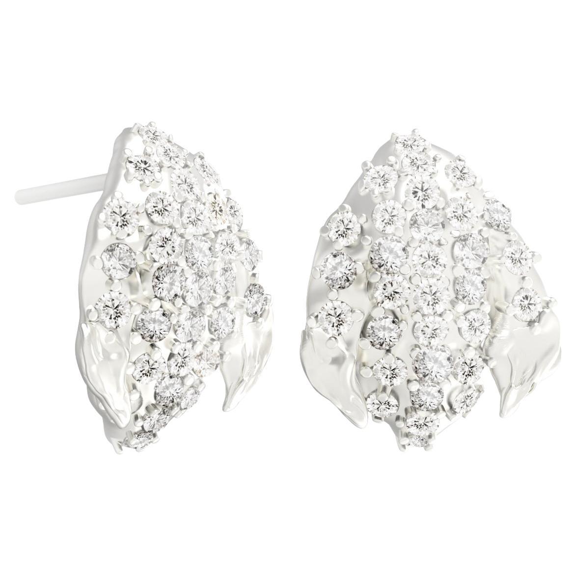 White Gold Contemporary Peony Petal Earrings with Sixty Two Diamonds For Sale