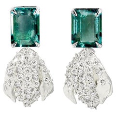 White Gold Contemporary Stud Earrings with Emeralds and Sixty Two Diamonds