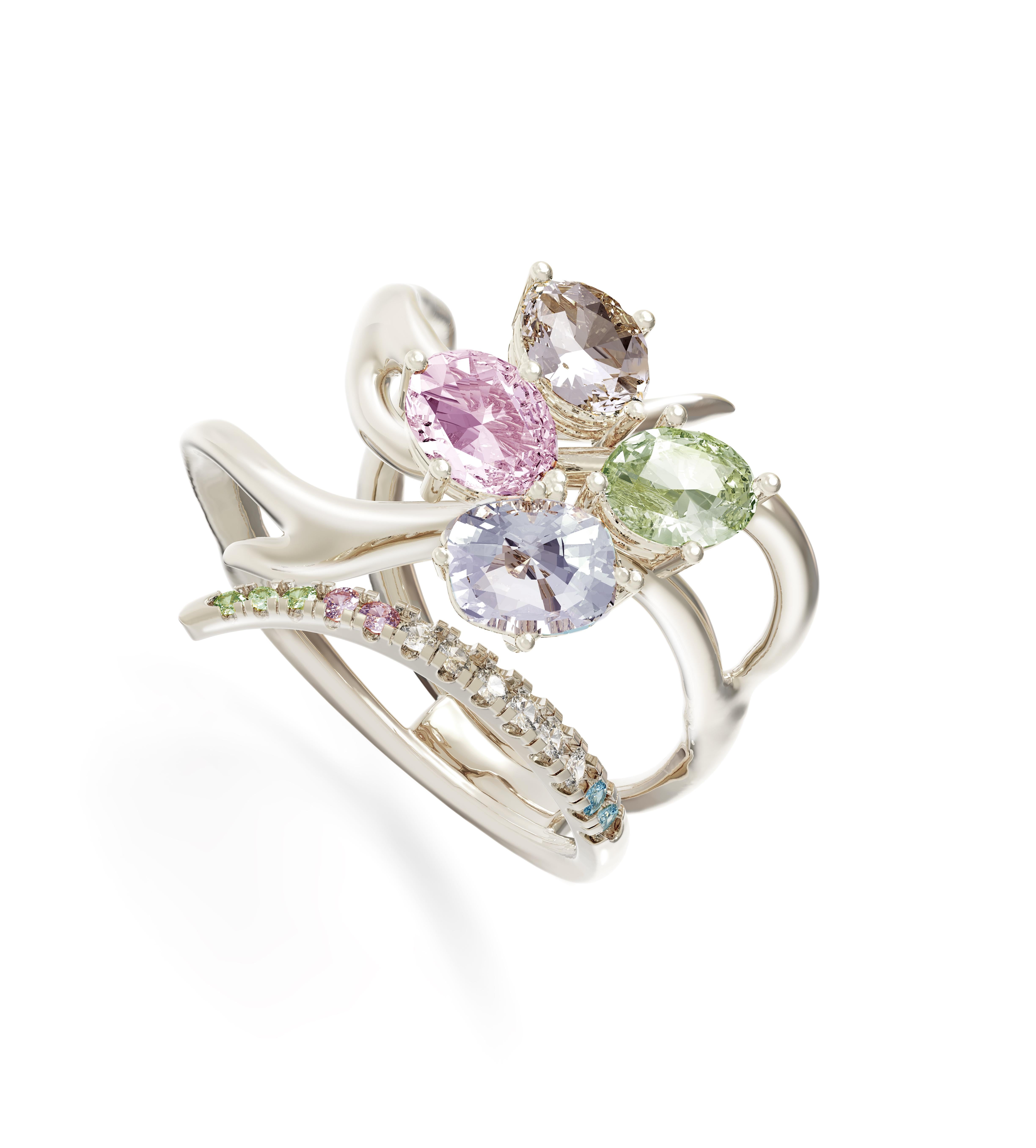 This Harajuku contemporary engagement ring is made of 18 karat white gold with natural gems on your choice custom made. This piece can be personally signed for the same price.
The matching gems are:
Oval cut pink sapphire, 1,7 carats;
Unheated