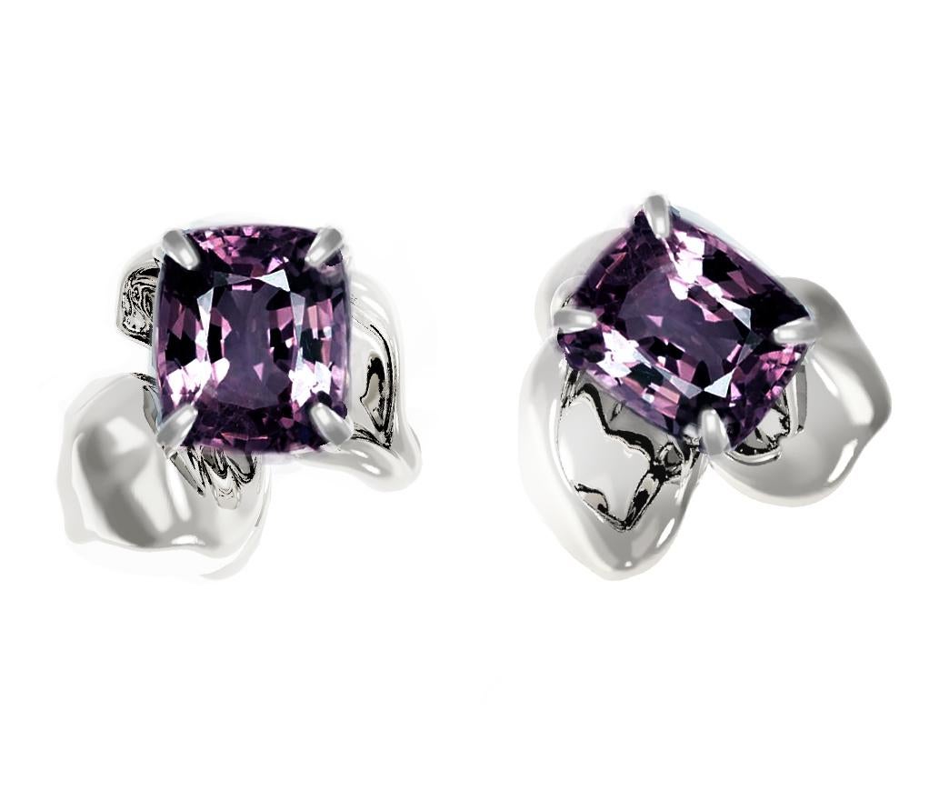These contemporary stud earrings are part of a jewellery collection designed by Berlin-based oil painter, Polya Medvedeva. The earrings are crafted from 18 karat white gold and adorned with cushion-cut purple ink spinels (3 carats).

Not only are