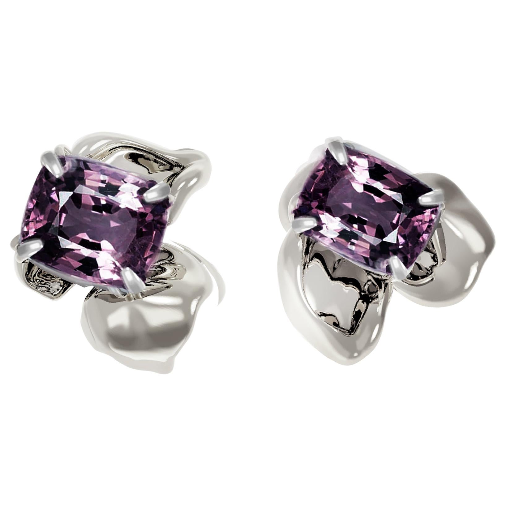 18 Karat White Gold Contemporary Stud Earrings with Cushion Purple Ink Spinels For Sale