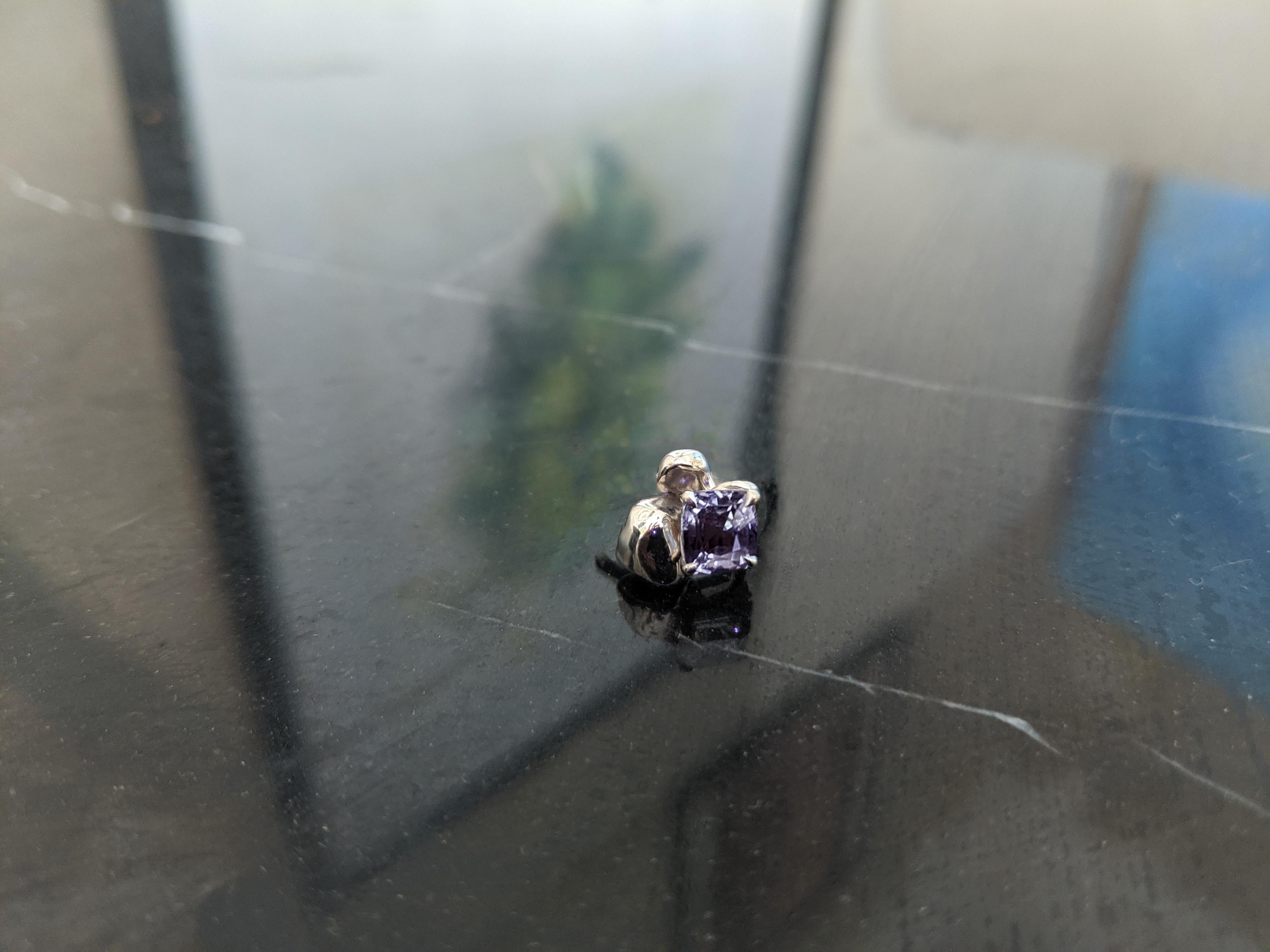 18 Karat White Gold Contemporary Stud Earrings with Cushion Purple Spinels 1