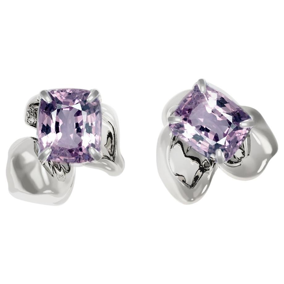 18 Karat White Gold Contemporary Stud Earrings with Cushion Purple Spinels For Sale