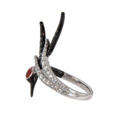 18 Karat White Gold Crane Ring with Coral, Black Diamonds and White Diamonds