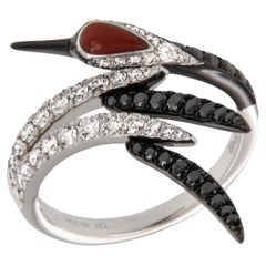 18 Karat White Gold Crane Ring with Coral, Black Diamonds and White Diamonds