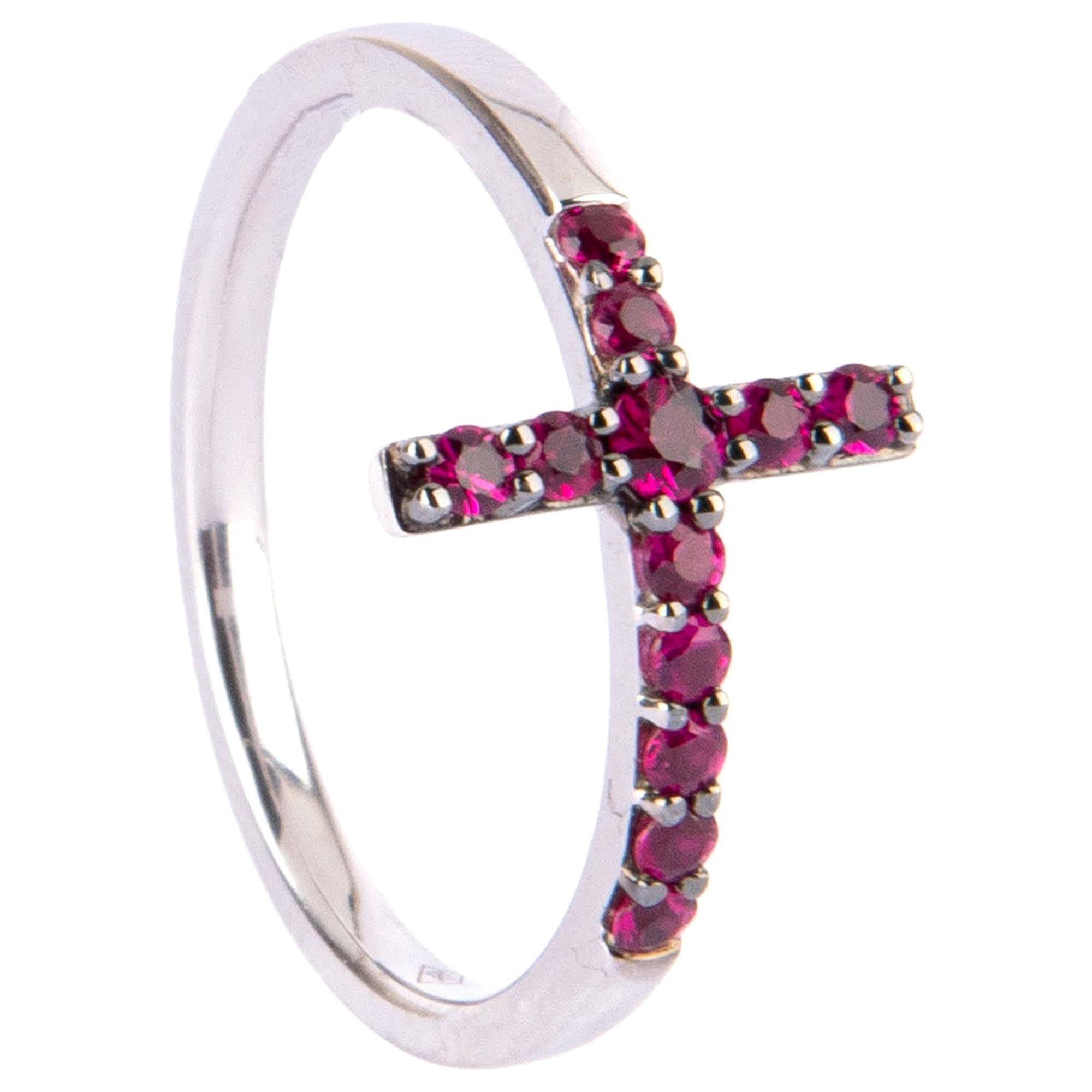 18 Karat White Gold Cross Ring Feature with Rubys For Sale