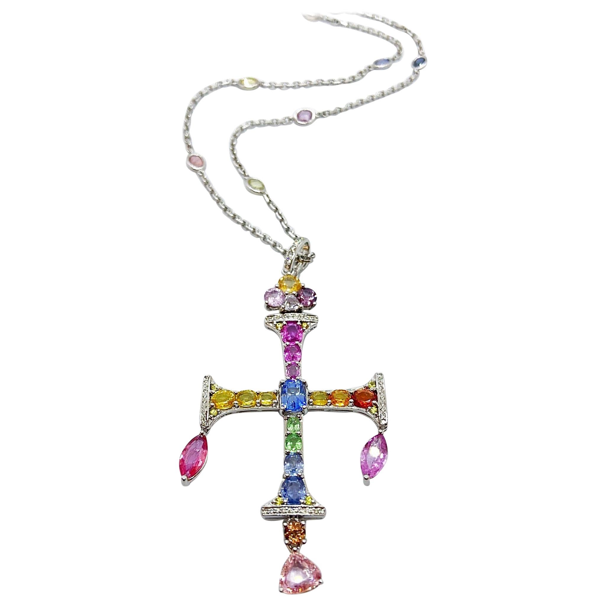 18 Karat White Gold Cross with Diamonds and 17.43 Carat Multicolored Sapphires For Sale