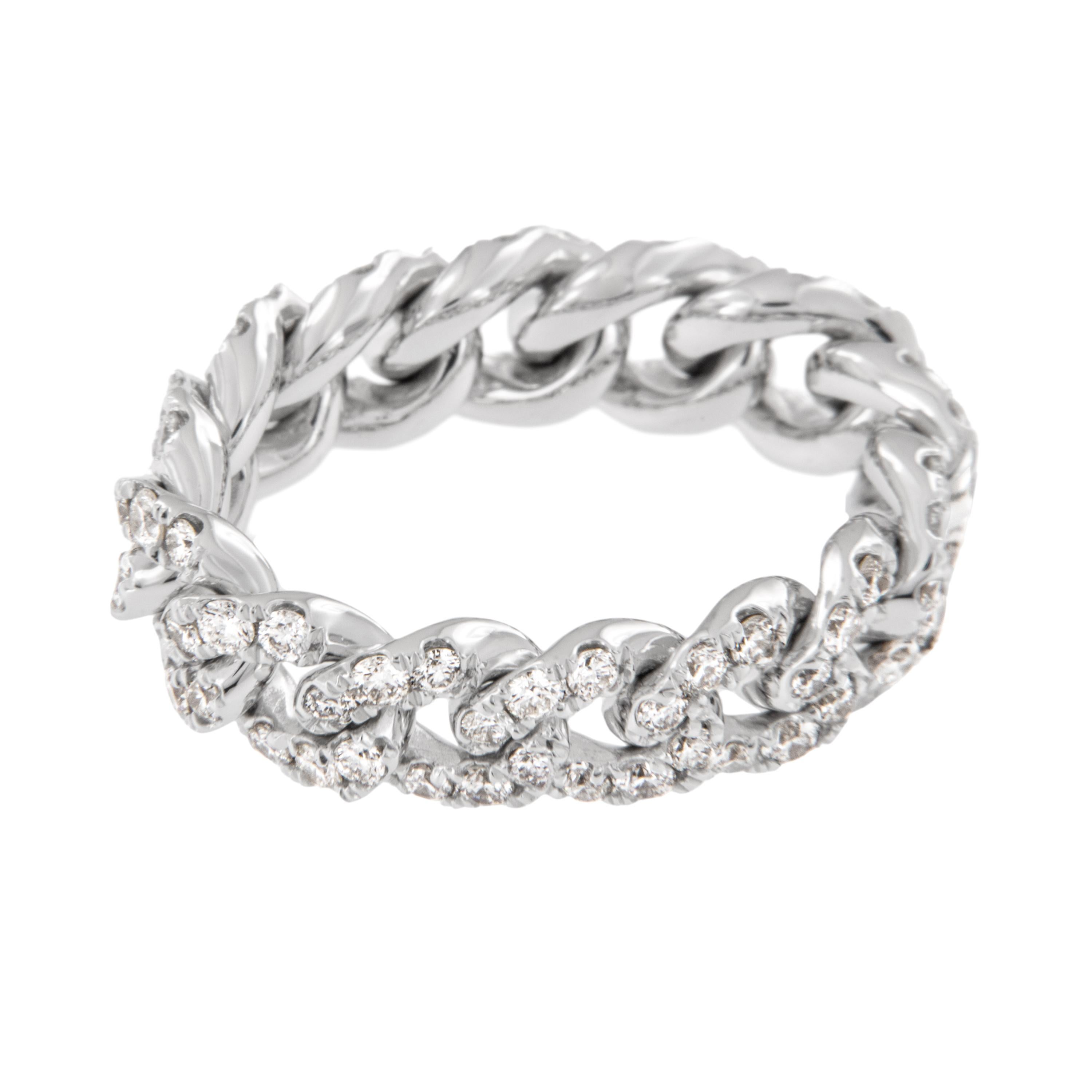 Absolutely on trend! This ever popular Cuban link ring is crafted in rich, solid 18 karat white gold and is flexible for ultimate comfort! Diamond pave' all the way around with 84 shimmering diamonds = 1.40 Cttw (VS - G-H) for sparkle in every