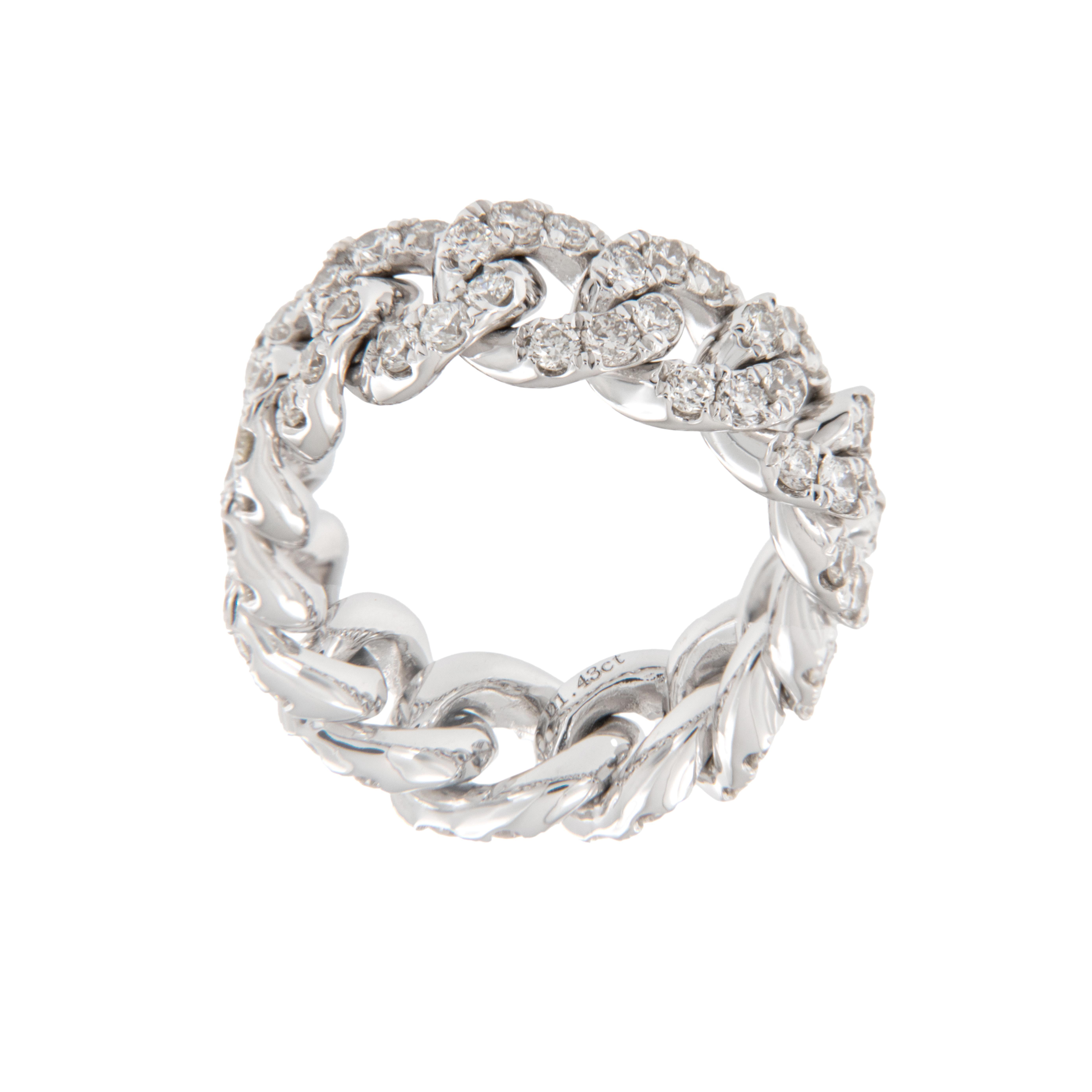 Round Cut 18 Karat White Gold Cuban Link 1.40 Cttw Diamond Band Ring For Sale