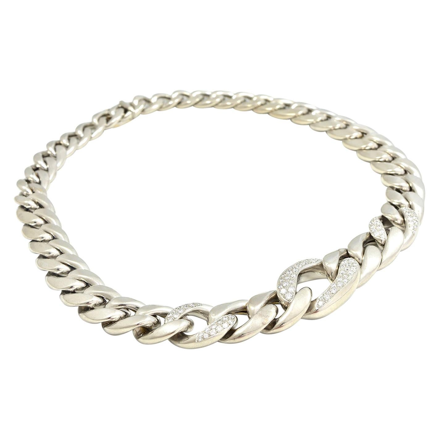 18 Karat White Gold Cuban Link with Diamonds Necklace