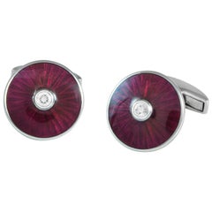 18 Karat White Gold Cufflinks with Pink Enamel and Diamond Centre