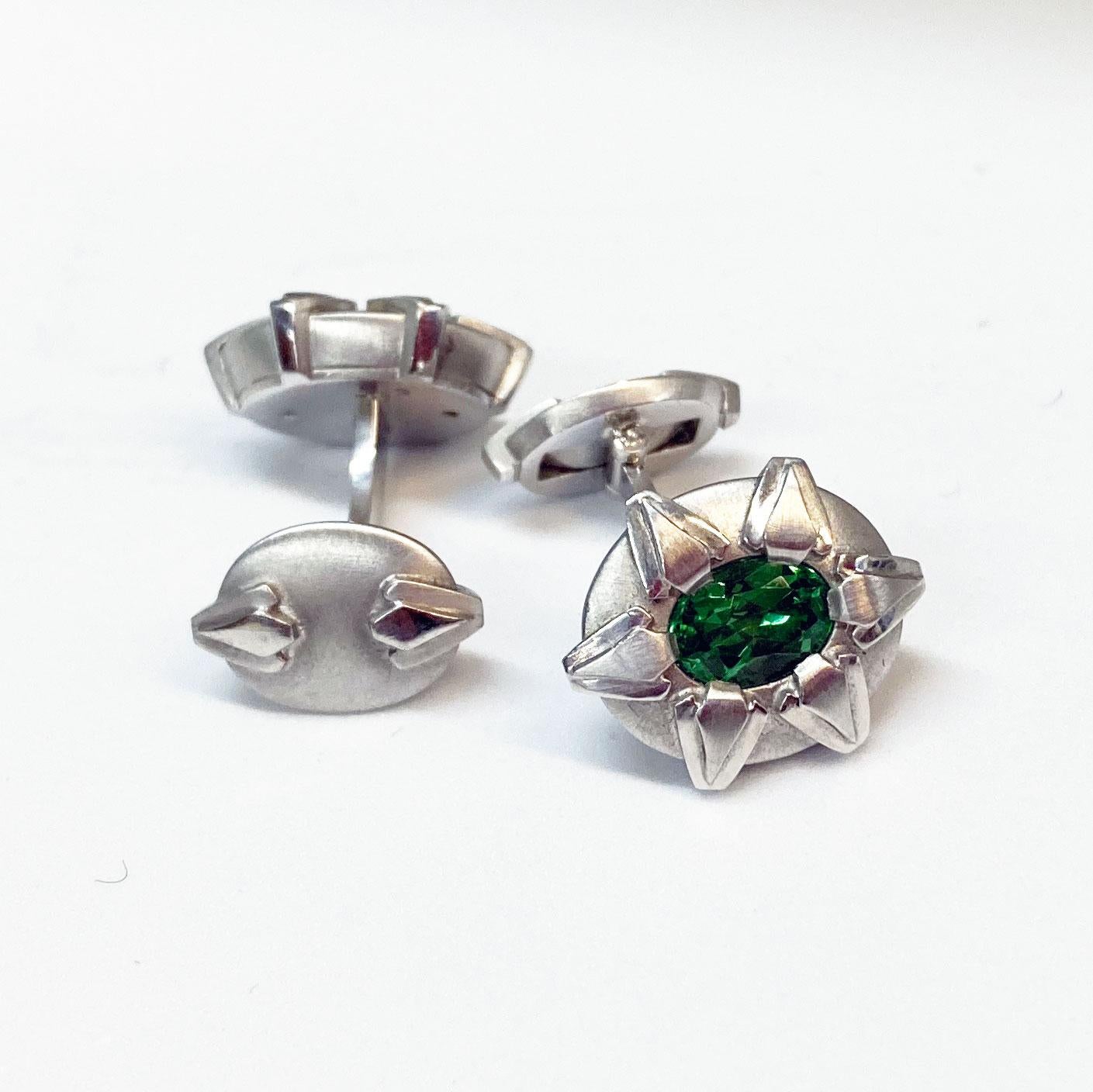 Oval Cut 18 Karat White Gold Cufflinks with Tsavorite For Sale