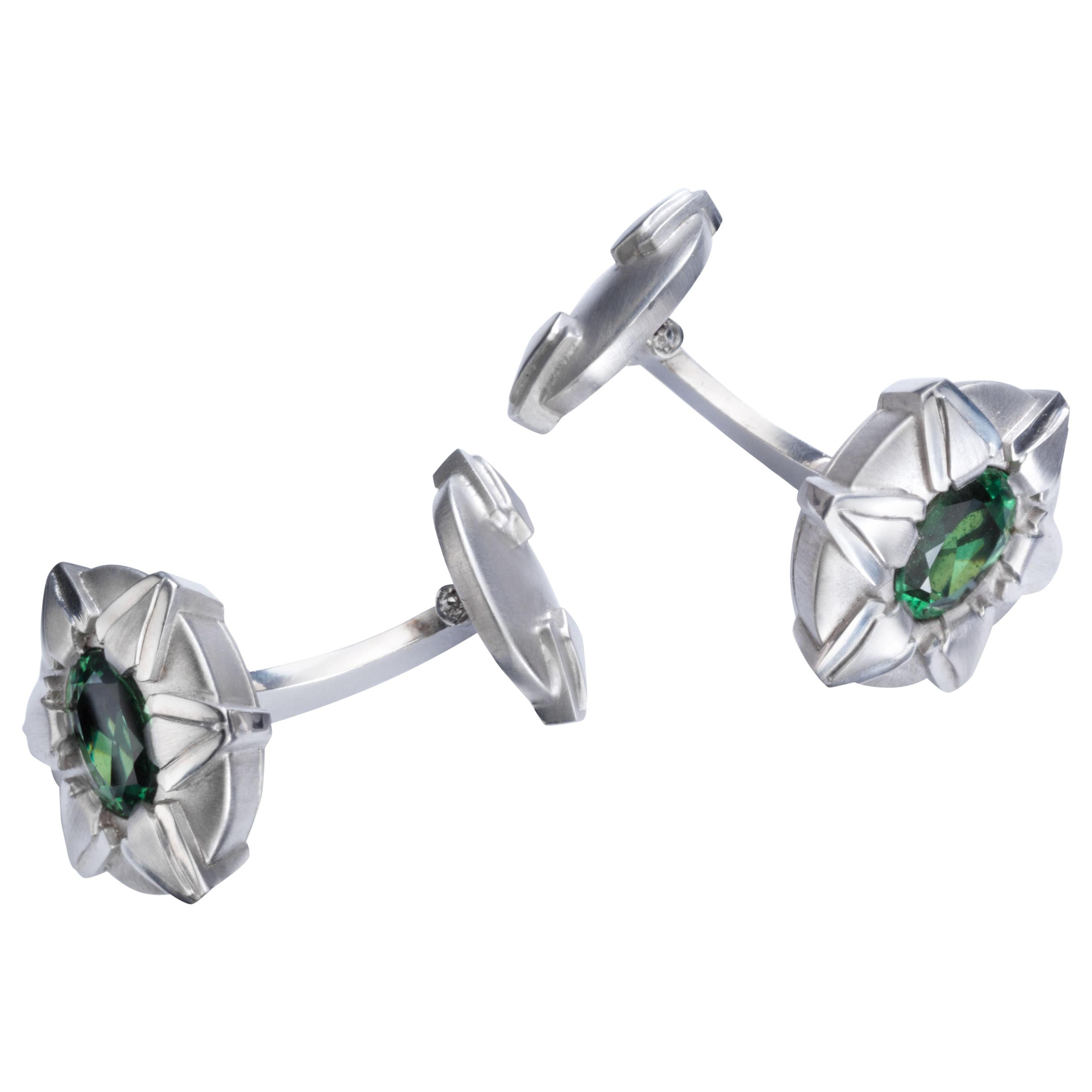 18 Karat White Gold Cufflinks with Tsavorite For Sale