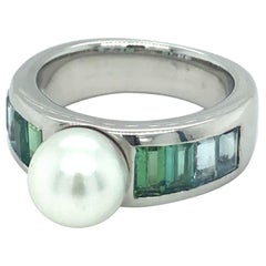 18 Karat White Gold Cultured Pearl Aquamarine Tourmaline Ring by Gubelin