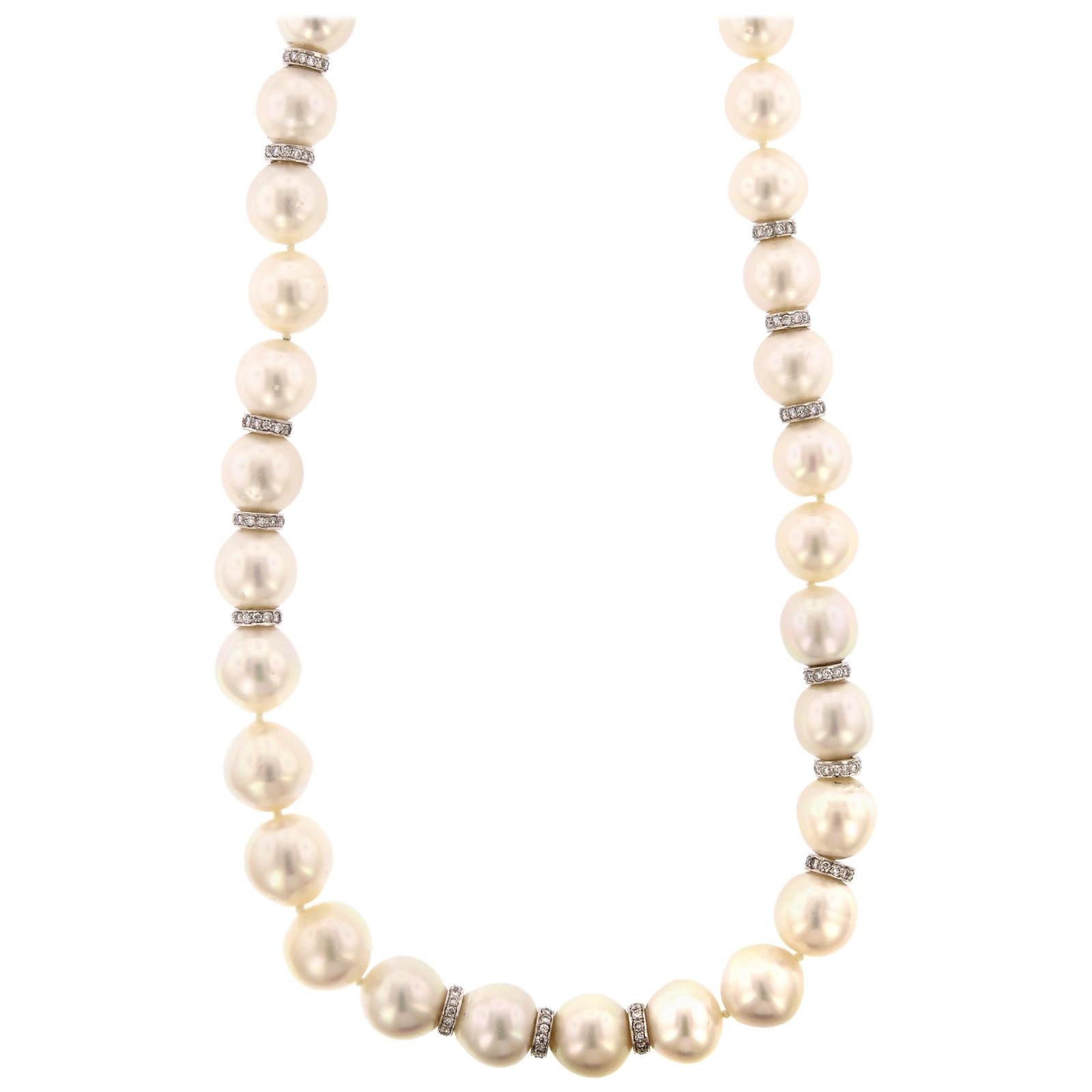 18 Karat White Gold Cultured South Sea Pearl and Diamond Necklace GIA Report For Sale