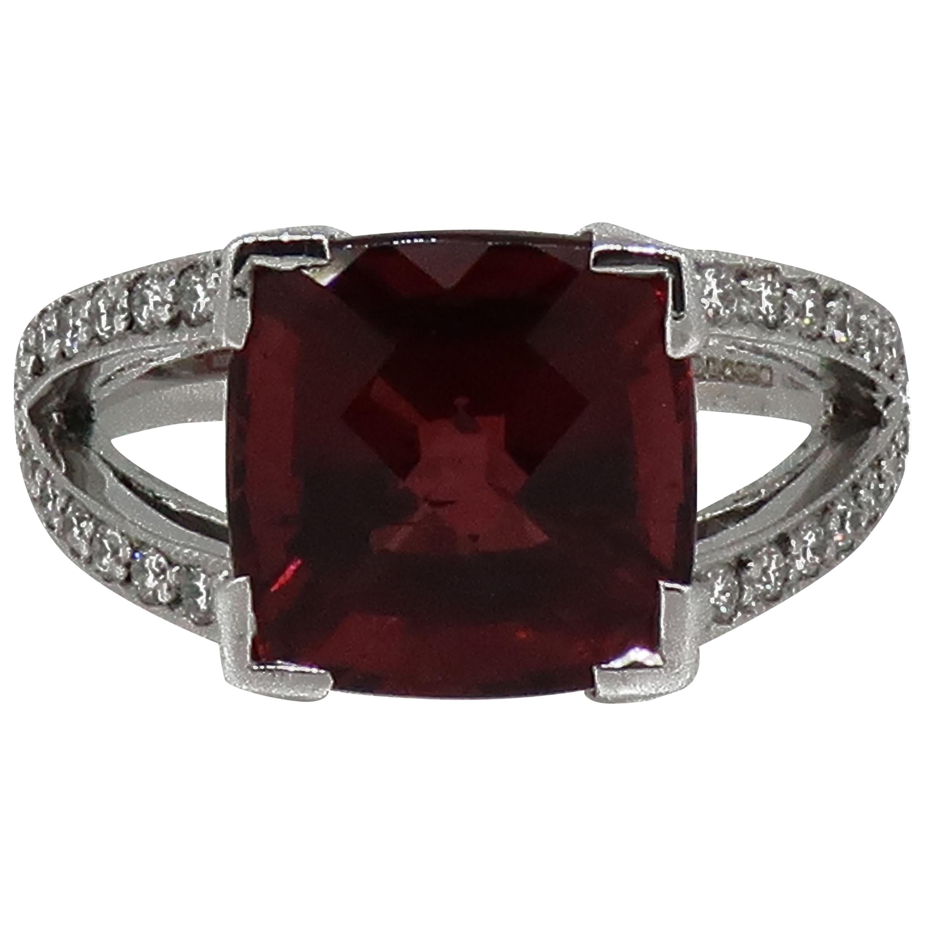 18 Karat White Gold Cushion Checkerboard Cut Rubellite and Diamond Cocktail Ring For Sale