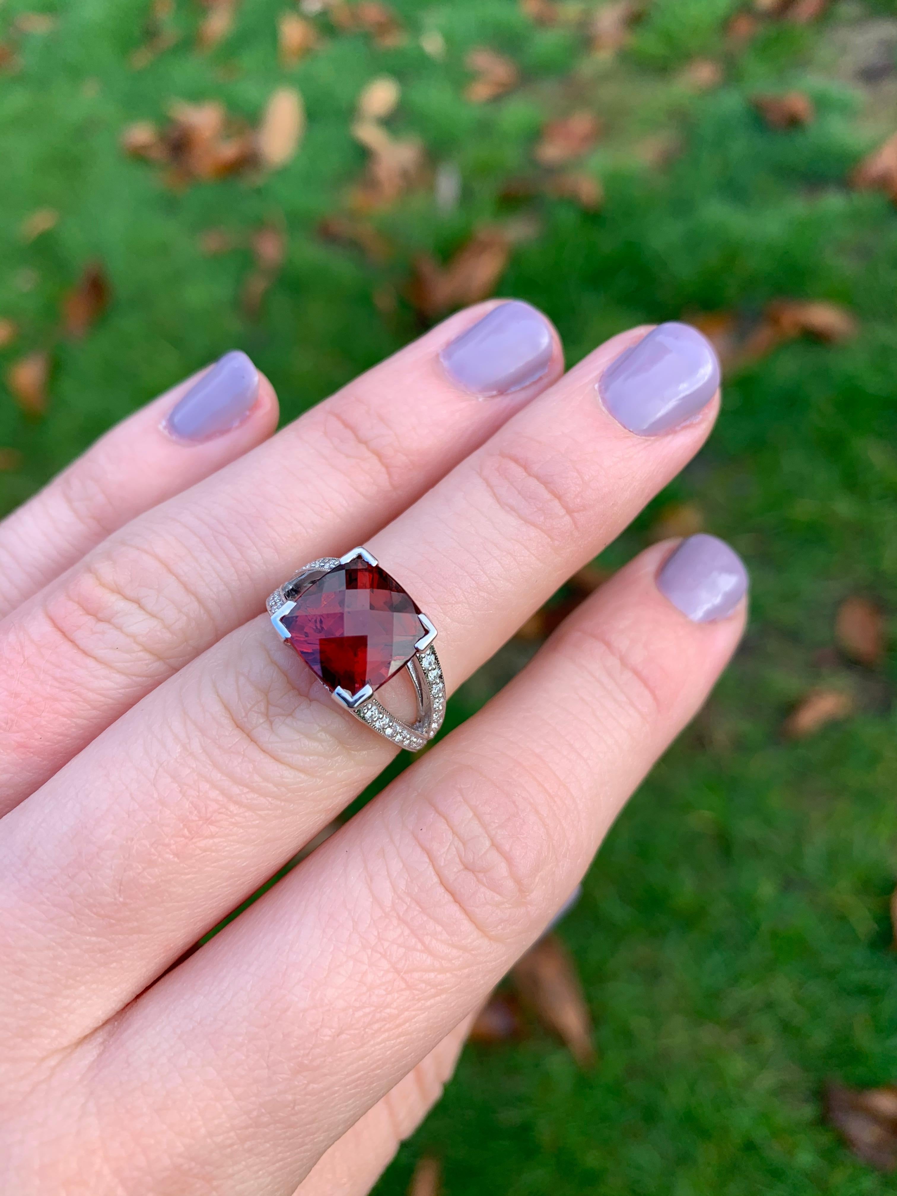 18 Karat White Gold Cushion Checkerboard Cut Rubellite and Diamond Cocktail Ring For Sale 3