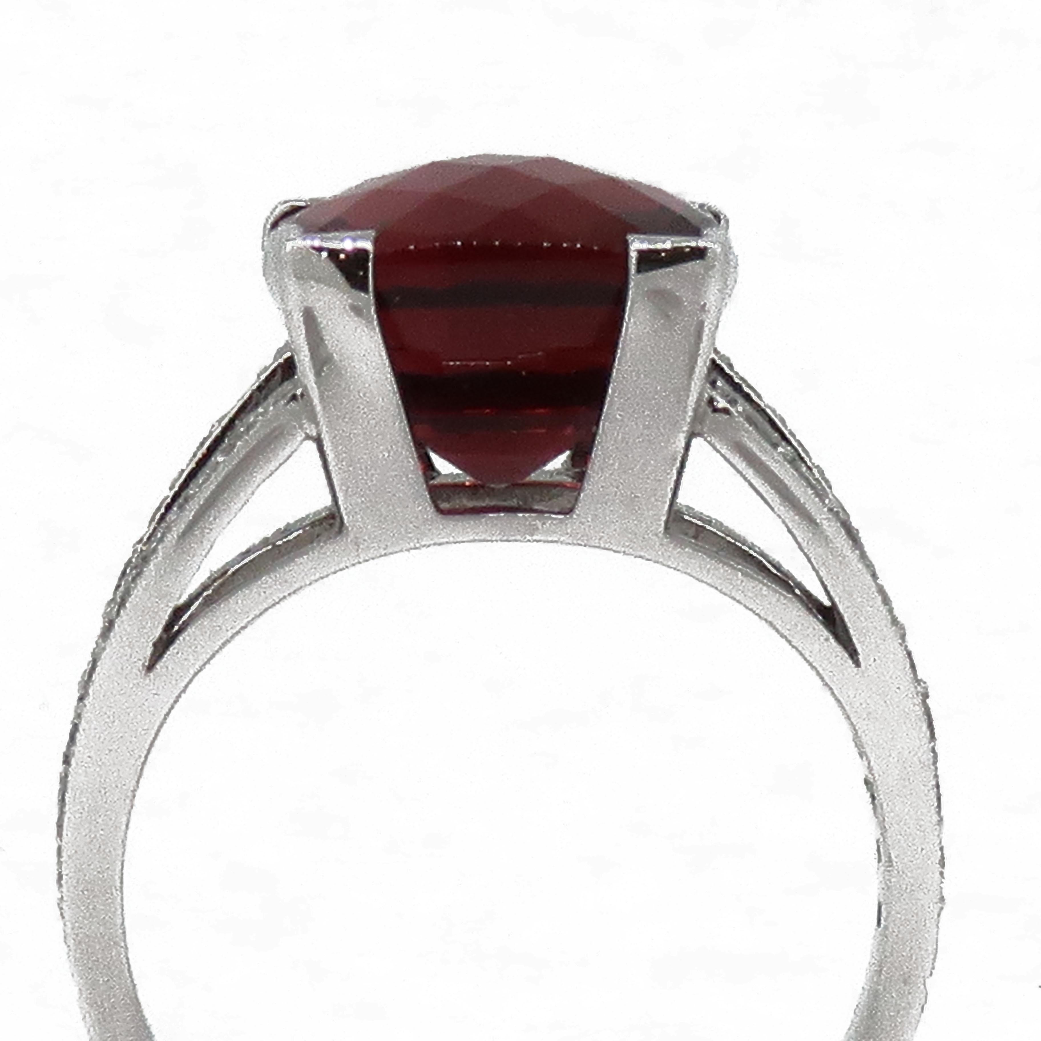 Women's 18 Karat White Gold Cushion Checkerboard Cut Rubellite and Diamond Cocktail Ring For Sale