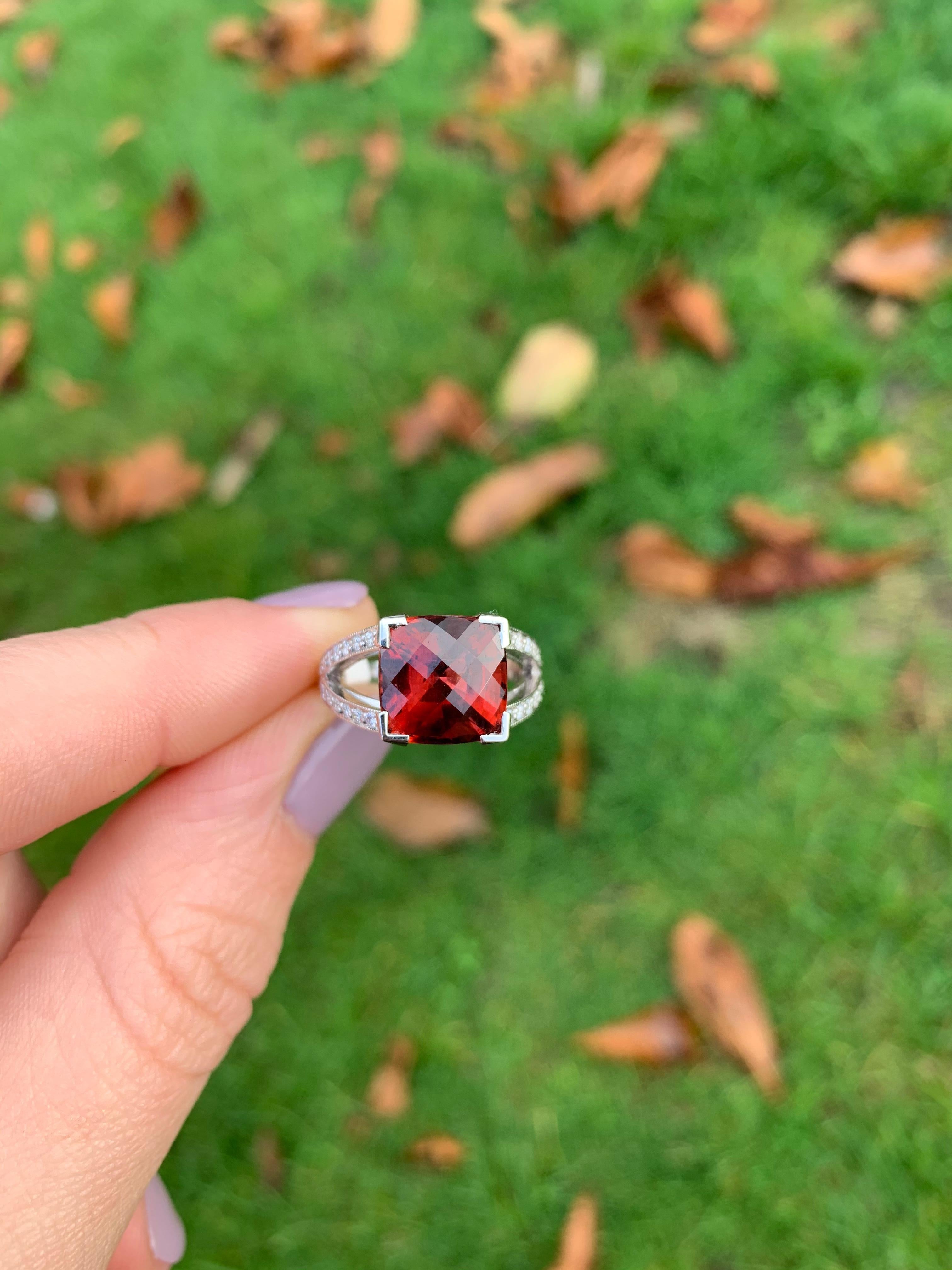18 Karat White Gold Cushion Checkerboard Cut Rubellite and Diamond Cocktail Ring For Sale 1