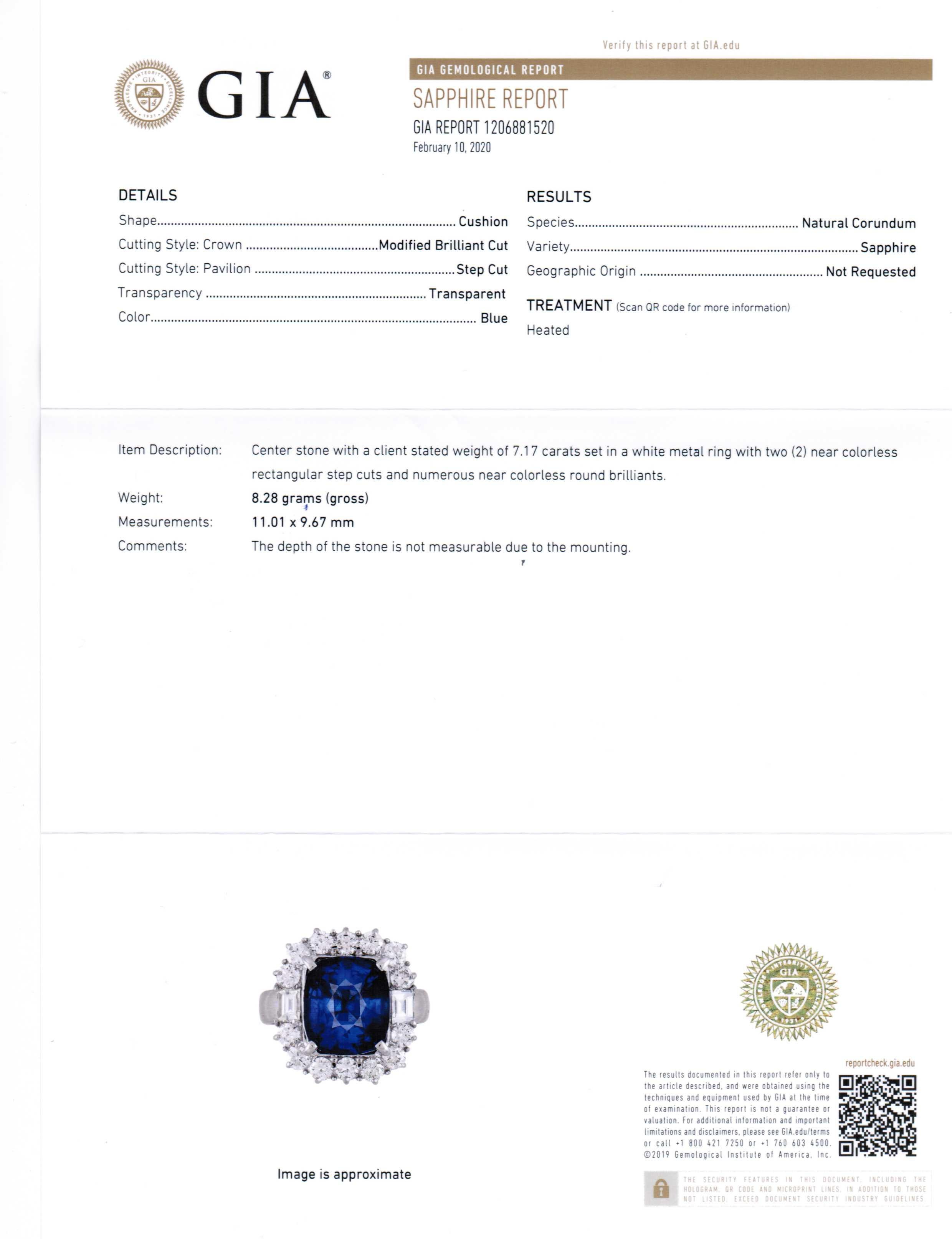 Women's or Men's 18 Karat White Gold Cushion Cut 7.17 Carat Blue Sapphire and Diamond Ring #17475