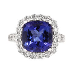 18 Karat White Gold Cushion Cut 7.64 Carat Tanzanite Diamonds Cocktail Ring