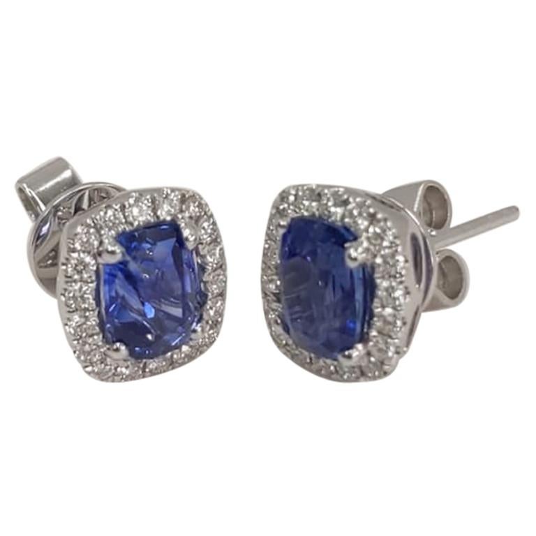 18 Karat White Gold Cushion Cut Blue Sapphire and Diamond Stud Earrings For Sale