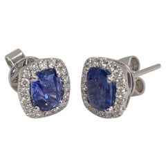 18 Karat White Gold Cushion Cut Blue Sapphire and Diamond Stud Earrings