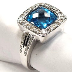 18 Karat White Gold Cushion Cut Blue Topaz Diamond Halo Ring 8 1/4