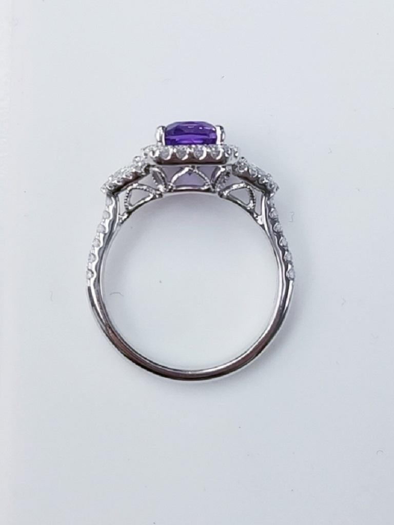 18 Karat White Gold Cushion Cut Natural Lilac Colored Sapphire and Diamond Ring In New Condition For Sale In Great Neck, NY