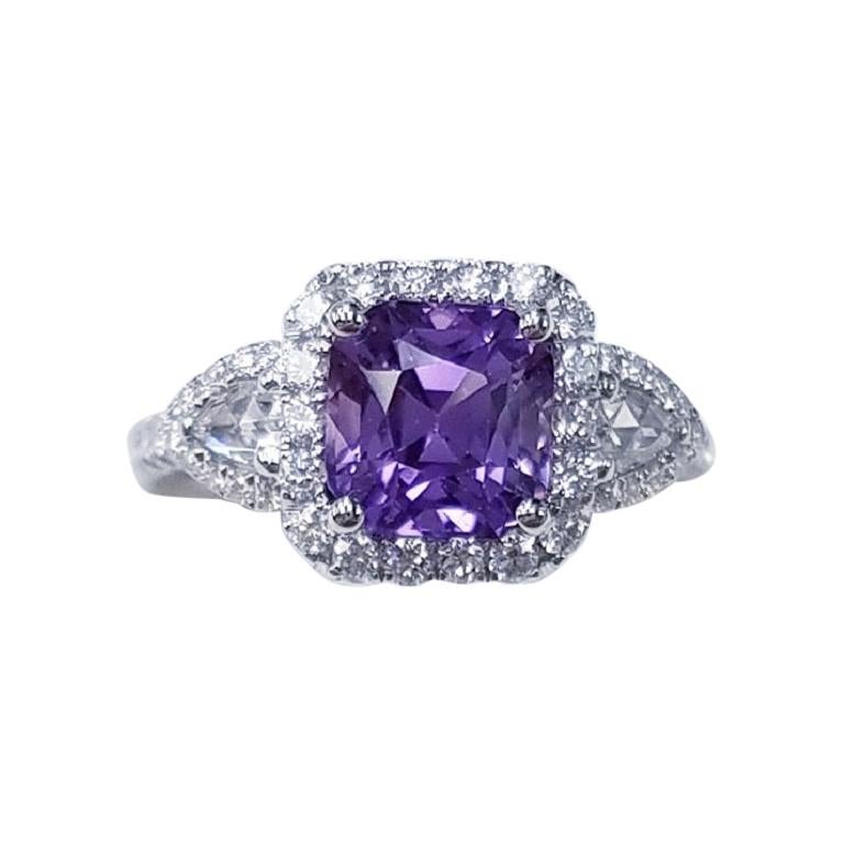 18 Karat White Gold Cushion Cut Natural Lilac Colored Sapphire and Diamond Ring For Sale