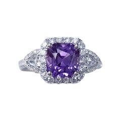 18 Karat White Gold Cushion Cut Natural Lilac Colored Sapphire and Diamond Ring