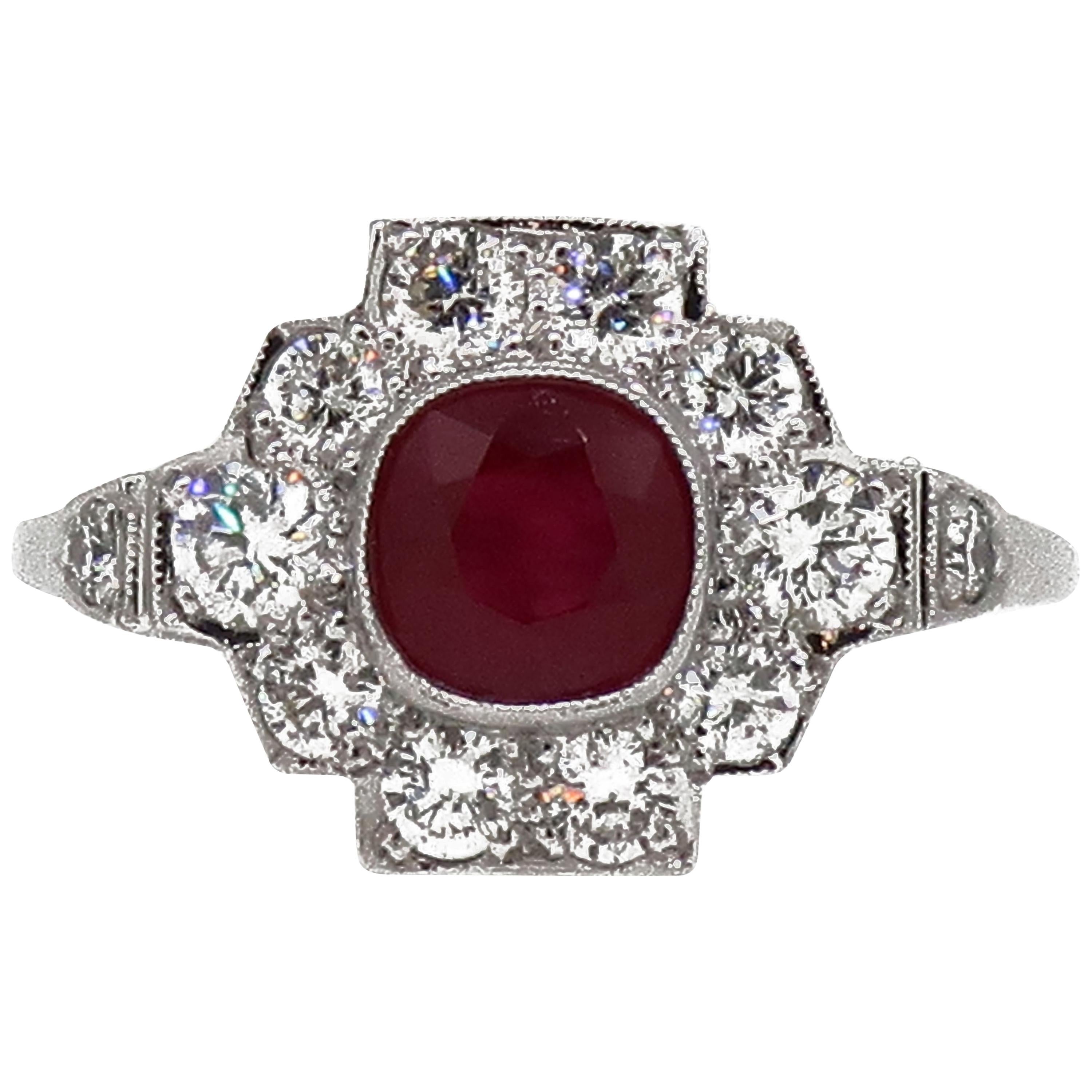 18 Karat White Gold Cushion Cut Ruby and Diamond Art Deco Style Cluster Ring